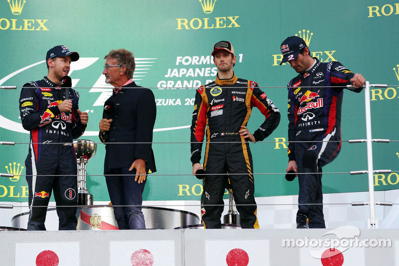 2013. Подіум: 1. Себастьян Феттель, Red Bull - Renault. 2. Ромен Грожан, Lotus-Renault. 3. Марк Веббер, Red Bull - Renault