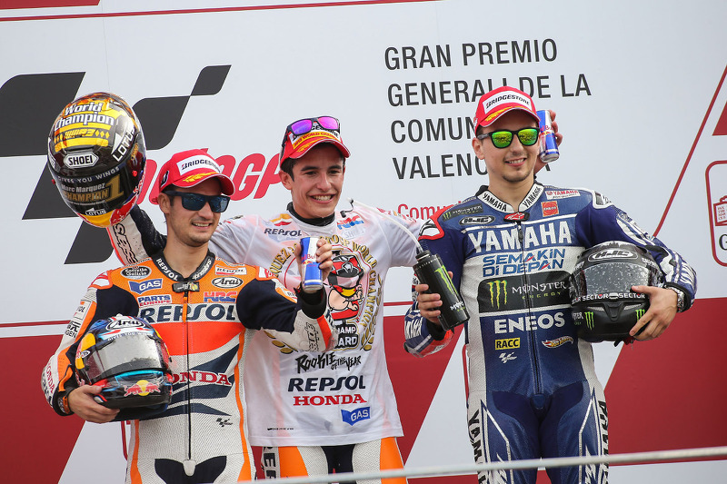 Kampioenspodium: Marc Marquez, Jorge Lorenzo, Dani Pedrosa