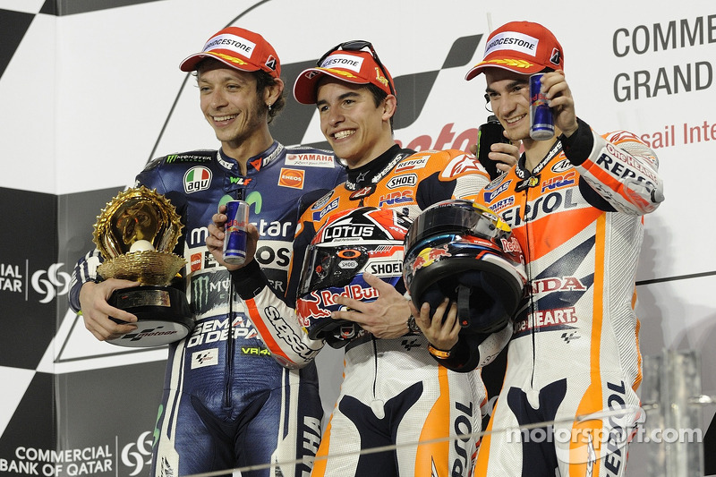 Race winner Marc Marquez, Repsol Honda Team, second place Valentino Rossi, Yamaha Factory Racing, third place Dani Pedrosa, Repsol Honda Team