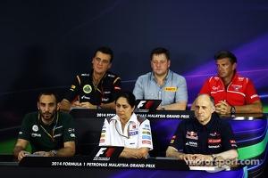 The FIA Press Conference: Federico Gastaldi, Lotus F1 Team Deputy Team Principal; Paul Hembery, Pirelli Motorsport Director; Graeme Lowdon, Marussia F1 Team Chief Executive Officer; Cyril Abiteboul, Caterham F1 Team Principal; Monisha Kaltenborn, Sauber T