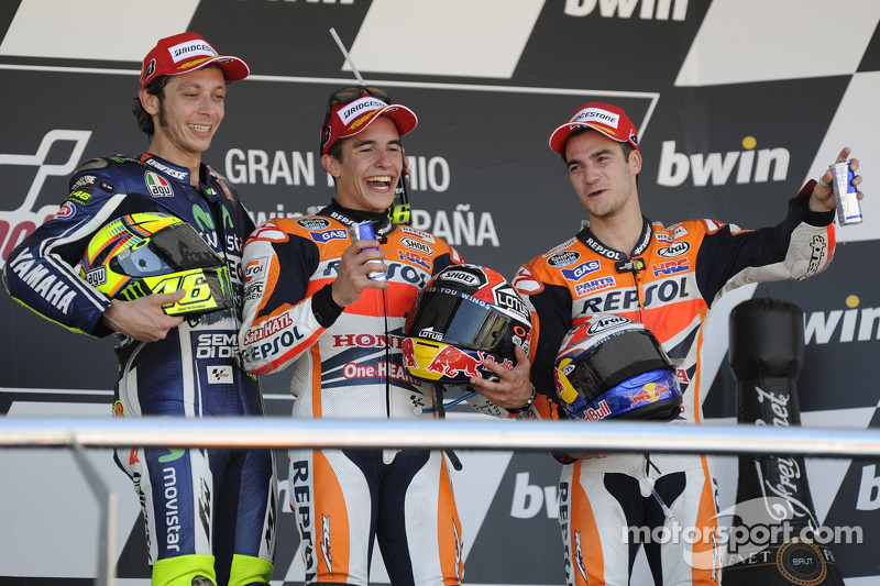 Race winner Marc Marquez, Repsol Honda Team, second place Valentino Rossi, Yamaha Factory Racing, third place Dani Pedrosa, Repsol Honda Team