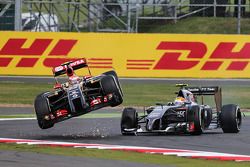 Pastor Maldonado, Lotus F1 E21 is launched into the air after colliding with Esteban Gutierrez, Sauber C33