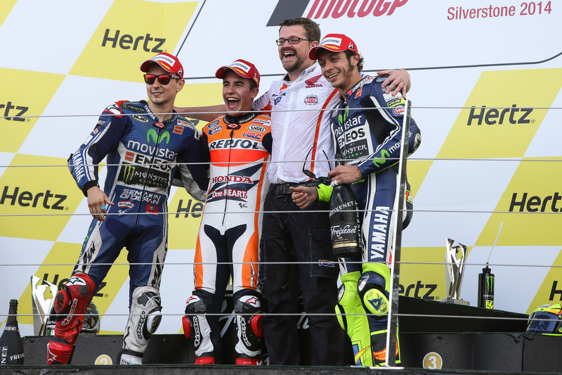 Podium: 1er Marc Marquez, 2ème Jorge Lorenzo, 3ème Valentino Rossi