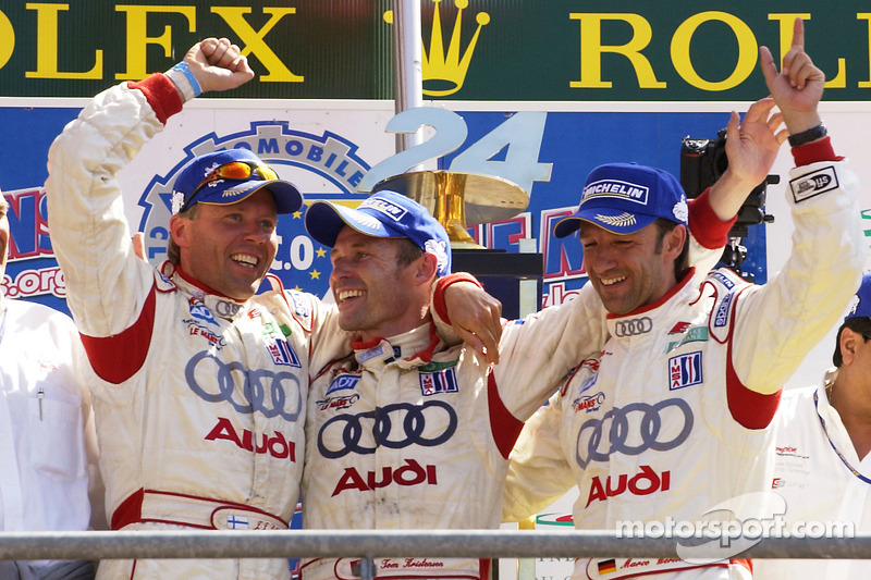 P1 Podio: ganadores JJ Lehto, Tom Kristensen and Marco Werner celebrate