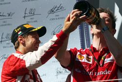 Race winner Sebastian Vettel, Ferrari celebrates on the podium with James Allison, Ferrari Chassis Technical Director