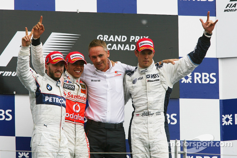 L-R 2nd place Nick Heidfeld, BMW Sauber F1 Team with 1st place Lewis Hamilton, McLaren Mercedes, Martin Whitmarsh, McLaren, Chief Executive Officer and 3rd place Alexander Wurz, Williams F1 Team