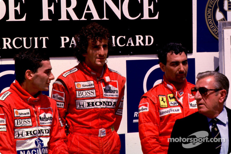 Podium: winnaar Alain Prost met Ayrton Senna en Michele Alboreto