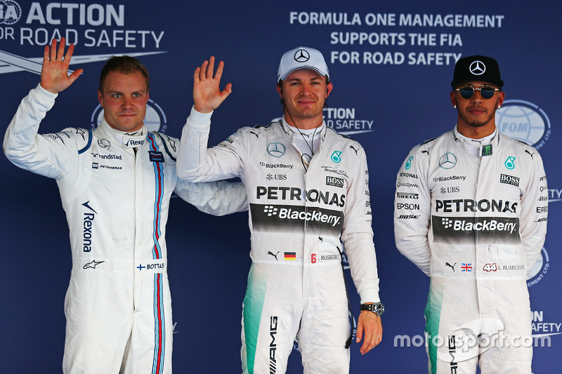 Qualifications : le troisième, Valtteri Bottas, Williams, le poleman Nico Rosberg et le deuxième, Lewis Hamilton, Mercedes AMG F1