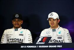 (L to R): Lewis Hamilton, Mercedes AMG F1 and team mate Nico Rosberg, Mercedes AMG F1 in the post qualifying FIA Press Conference