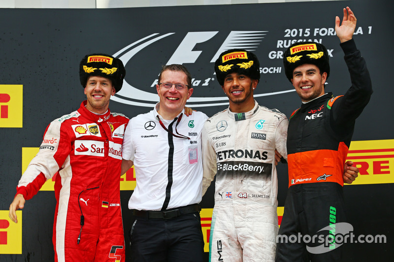 Podium: second place Sebastian Vettel, Ferrari and winner Lewis Hamilton, Mercedes AMG F1 and third place Sergio Perez, Sahara Force India F1