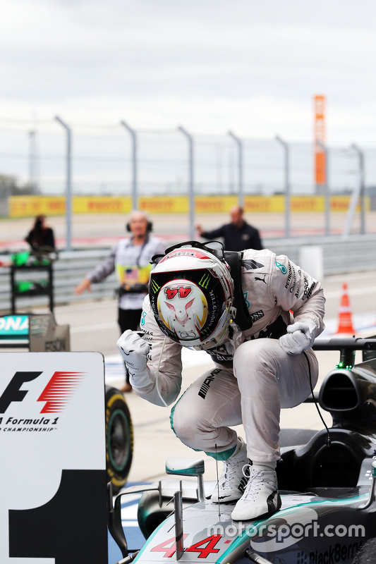 Race winner and World Champion Lewis Hamilton,  Mercedes AMG F1 W06 celebrates in parc ferme