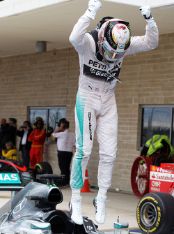 Race winner and World Champion Lewis Hamilton, Mercedes AMG F1 W06 celebrates in parc ferme