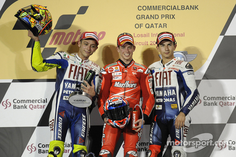 Podium: Sieger Casey Stoner mit Valentino Rossi und Jorge Lorenzo