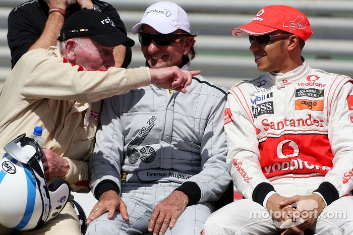 John Surtees, 1964 F1 World Champion, Emerson Fittipaldi, 1972 and 1974 F1 World Champion, Lewis Hamilton, McLaren Mercedes